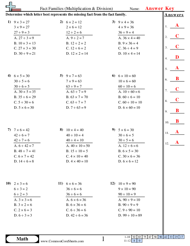  - Find Missing Fact (Multiple Choice) worksheet